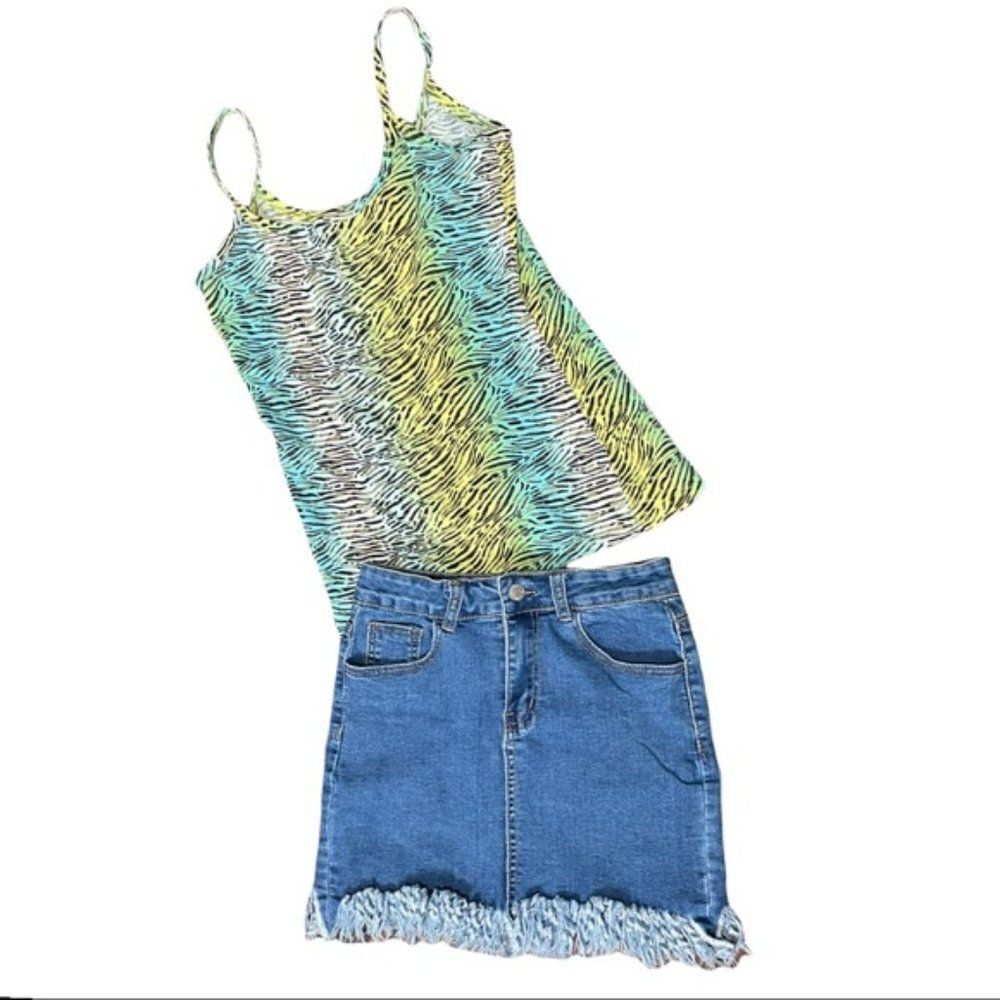 Blue Blush Denim Mini Skirt with‎ Fringe Hem Medium Wash-Blue-S